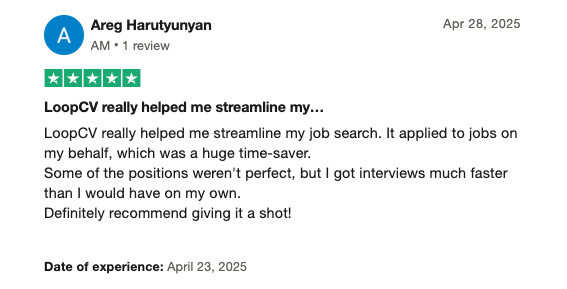 Reseña de TrustPilot sobre LoopCV - Ahorra tiempo